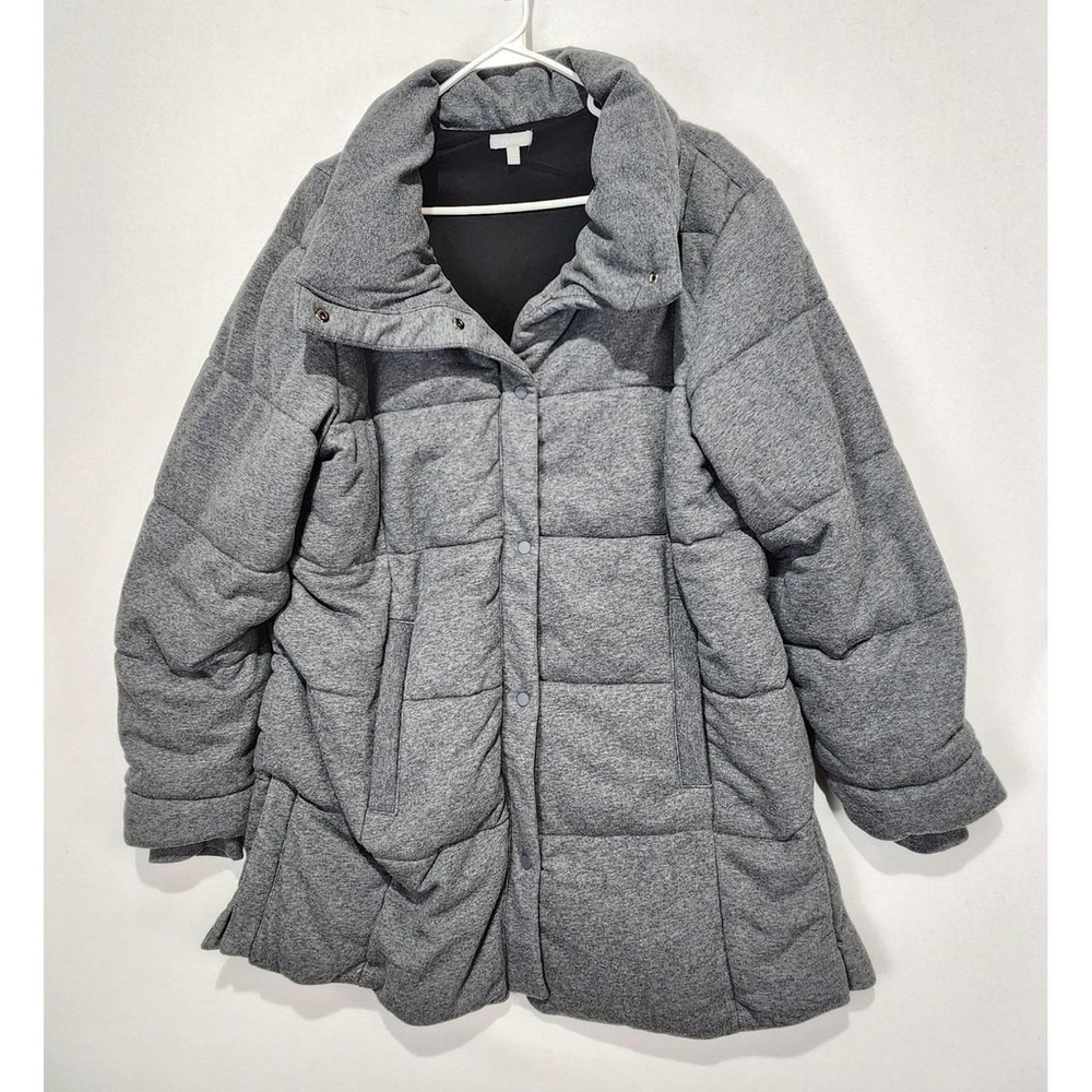 T by Talbots Women's Large Gray Quilted Puffer Coat Snap Front Long Jacket